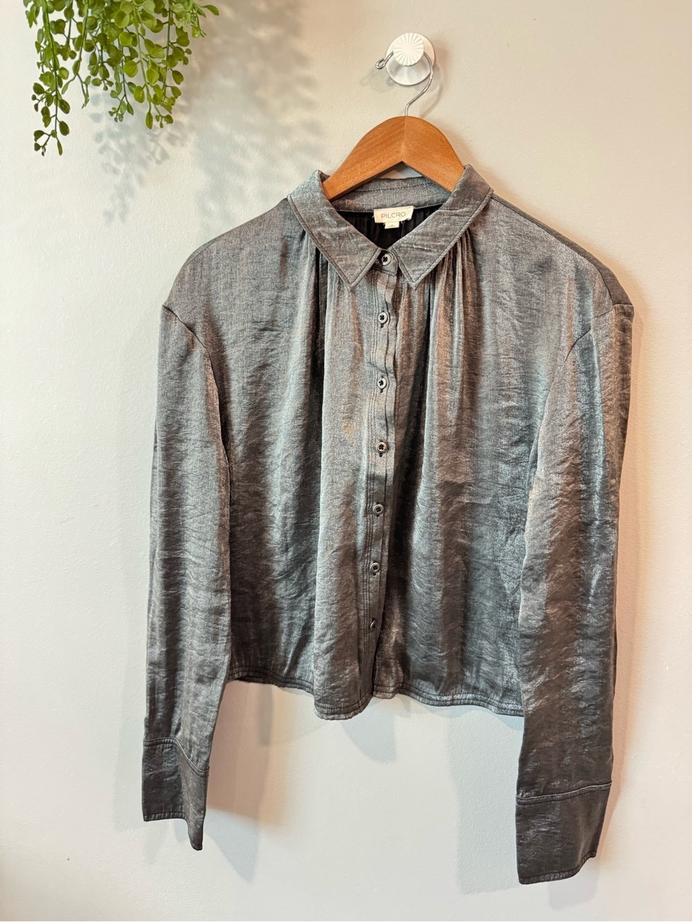 Pilcro From Anthropologie Shimmery Charcoal Button-Up Blouse Sz M
